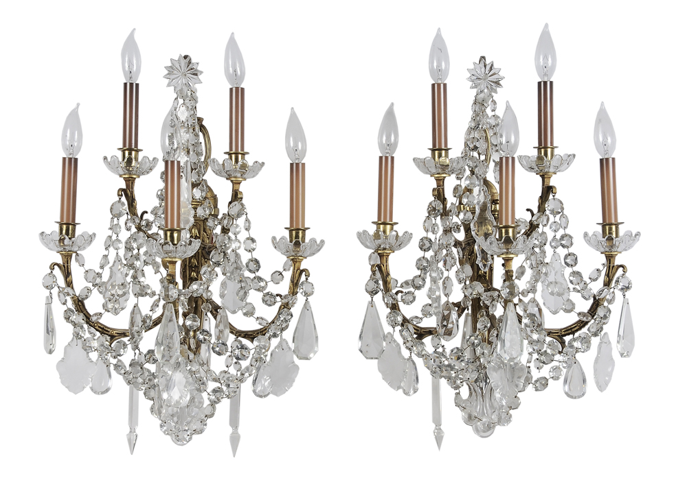 Pair Bronze and Crystal Sconces