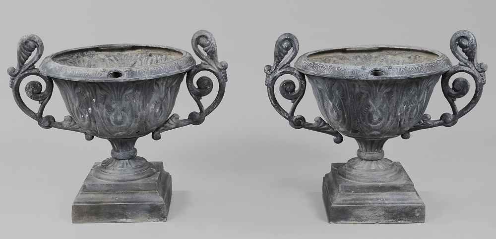 Pair Cast Iron Garden Urns 20th