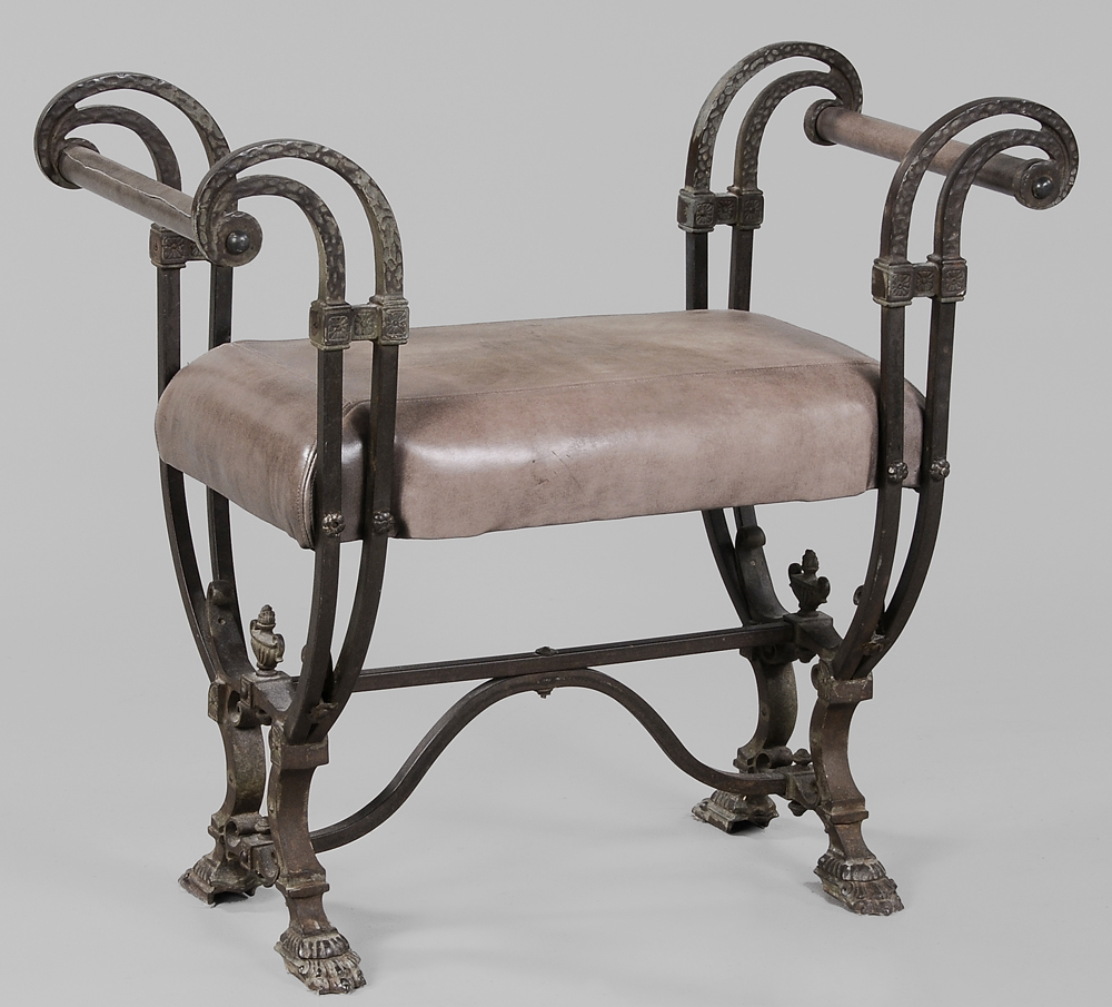 Wrought Iron and Leather-Upholstered