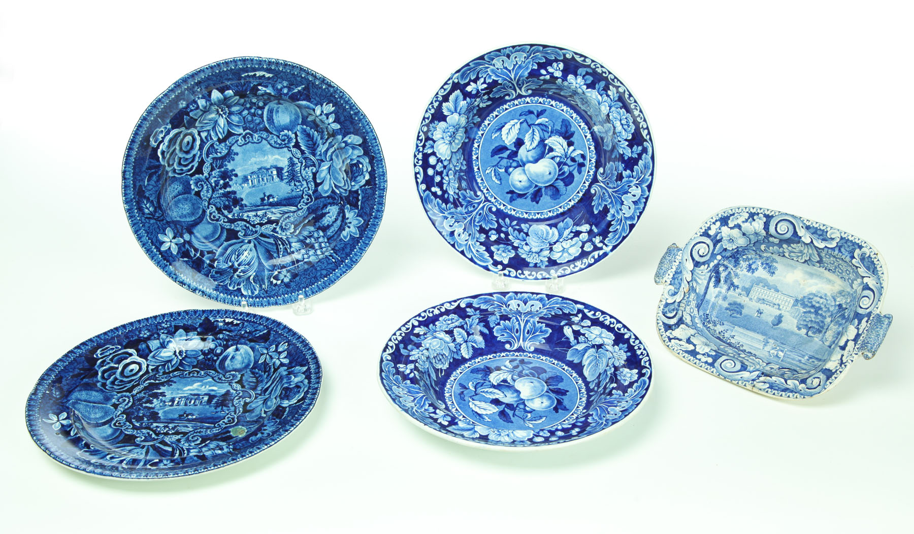 FIVE PIECES OF HISTORIC BLUE STAFFORDSHIRE.