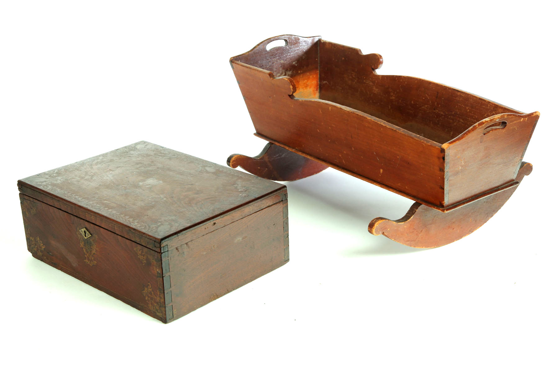 DOLL CRADLE AND LOCK BOX.  American