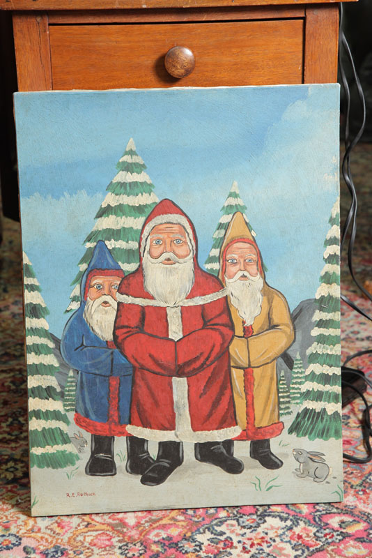 FOLK ART PAINTING OF THREE SANTAS  1172ca