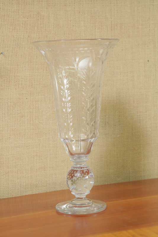 CUT GLASS TRUMPET VASE. With controlled