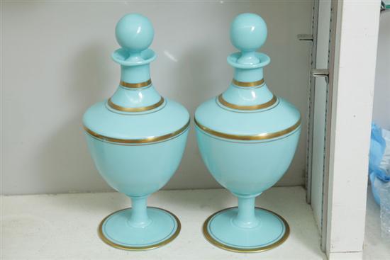 PAIR OF FRENCH BLUE GLASS URNS  117317