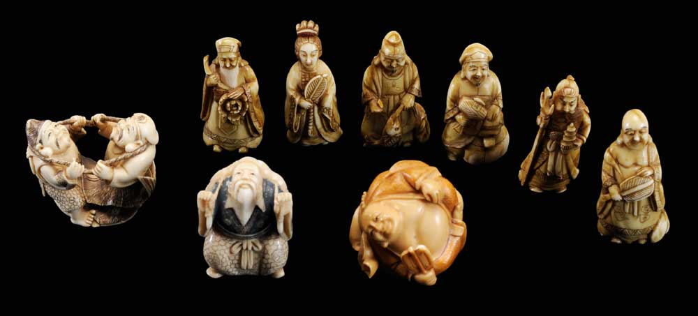 Nine Ivory Carvings Japanese, mid