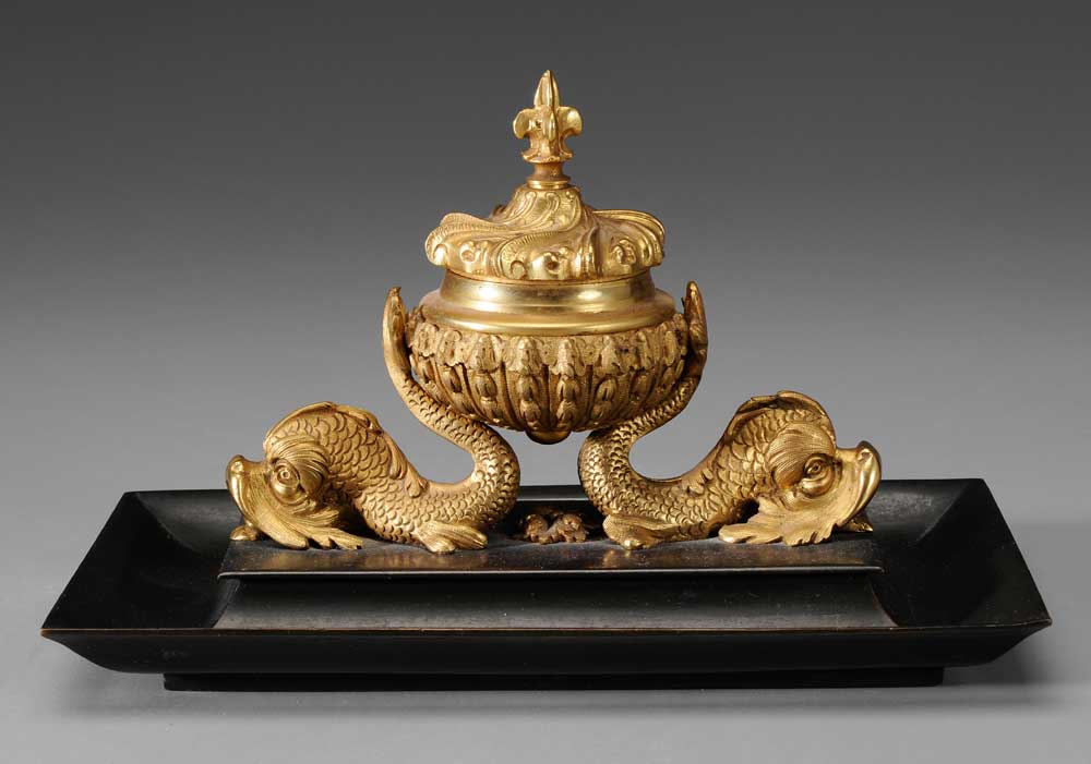 Gilt Bronze Dolphin Ink Stand Continental  11aa28