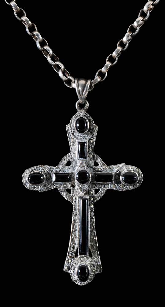 Sterling Cross Necklace onyx and marcasite