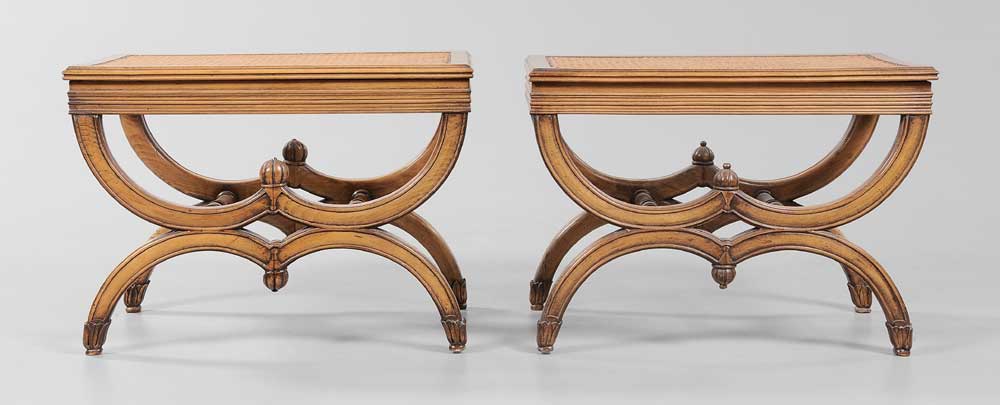 Pair Curule-Form Caned Benches