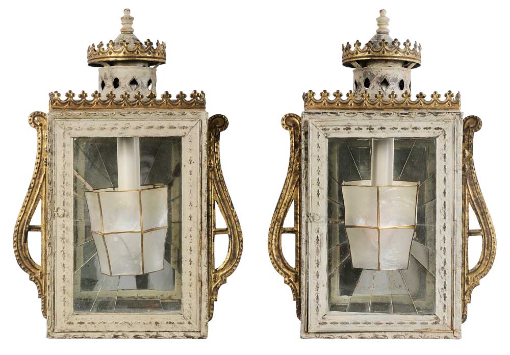 Pair Toleware Mirror-Back Lanterns