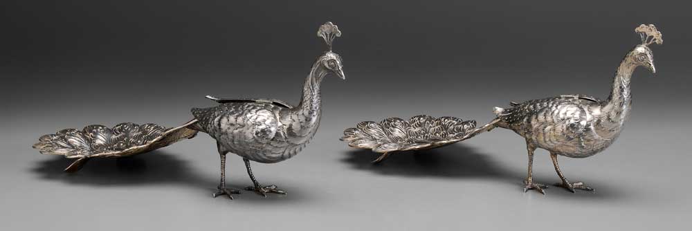 Pair German Silver Peafowl late