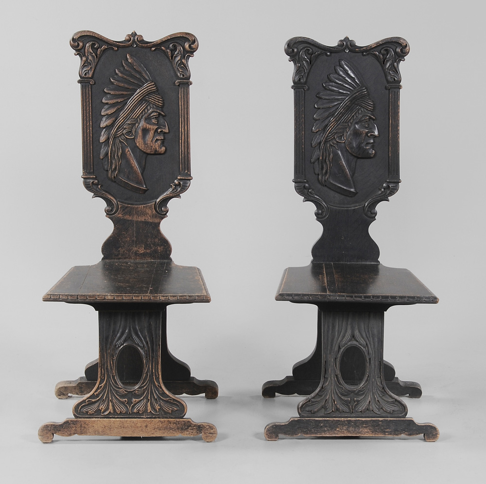 Pair Carved and Ebonized Oak Hall
