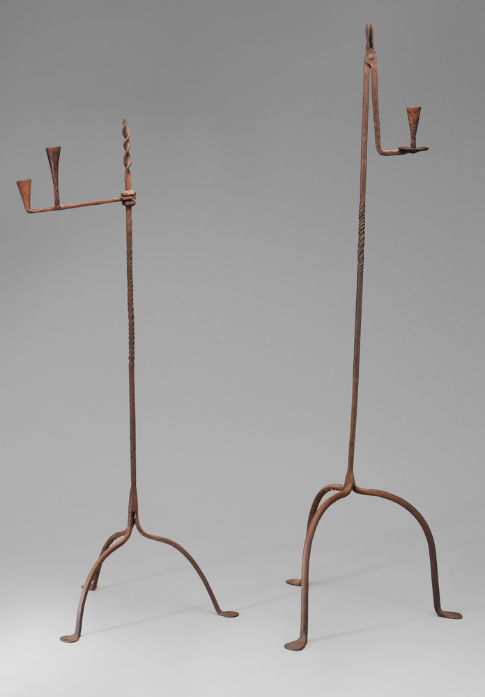 Two Hand-Wrought Candle and Rush Holders