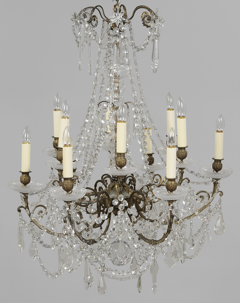 Bronze and Crystal Thirteen-Light Chandelier