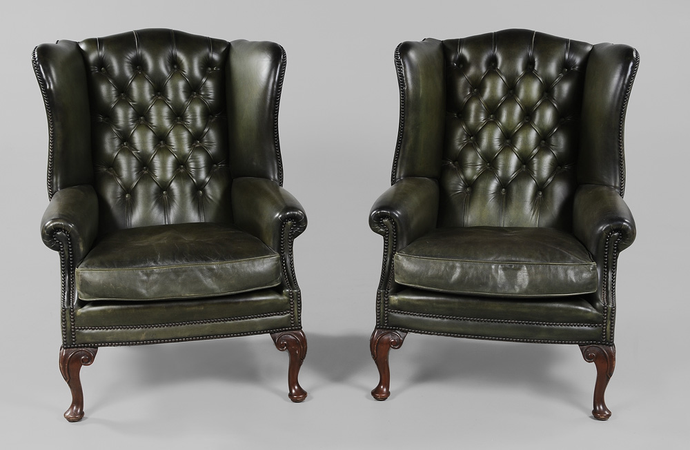 Pair Leather Upholstered Wing Chairs 119419