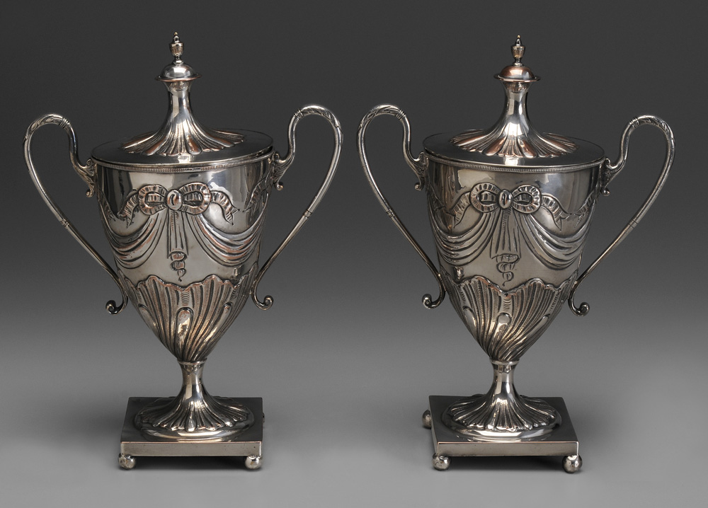 Pair Silver Plated Covered Urns 119439