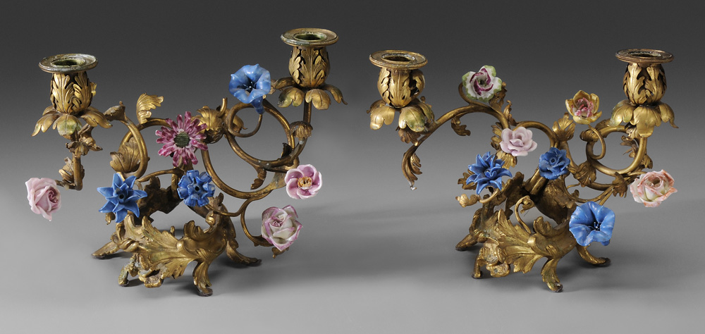 Pair Bronze Dor?, Porcelain Candelabra