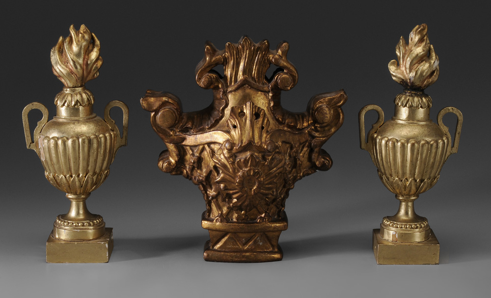 Three Gilt Wood Urns early 20th