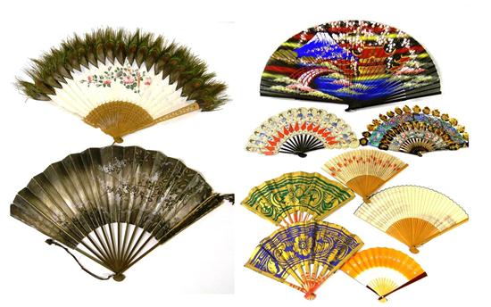Ten Asian ladys fans  fabric and paper