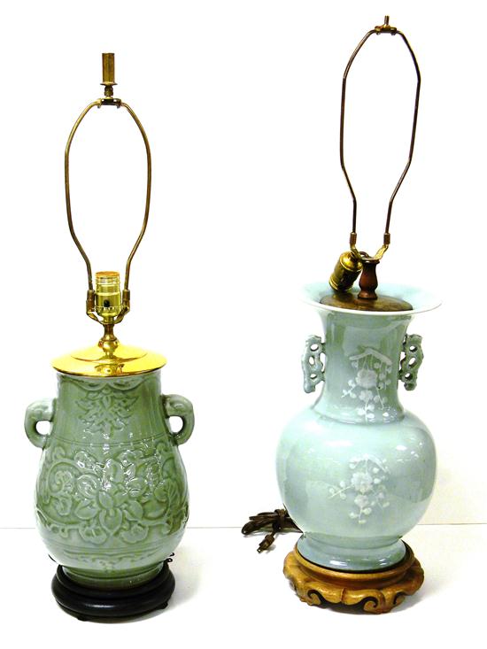 Pair celadon double handled vases 1211da