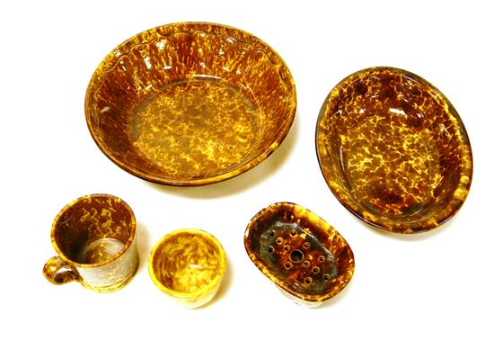 Five Rockingham type glazed pieces;