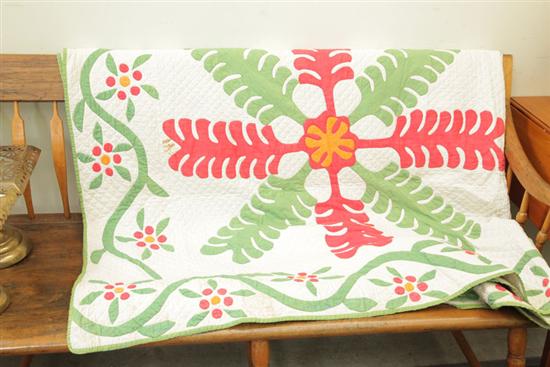 APPLIQUE PIECED QUILT. Feather design