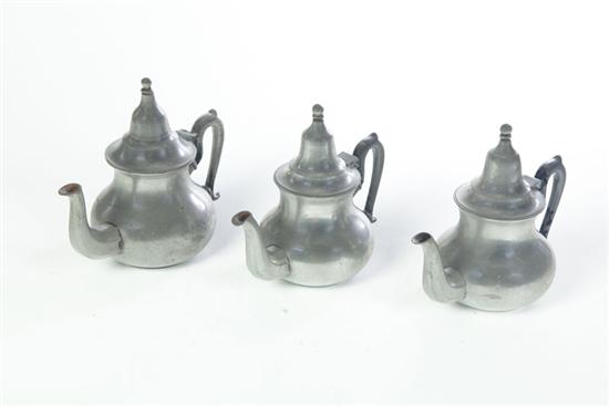 THREE PEWTER TEAPOTS.  European