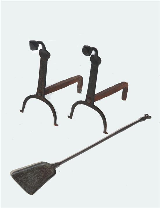 PAIR OF ANDIRONS AND SHOVEL.  American