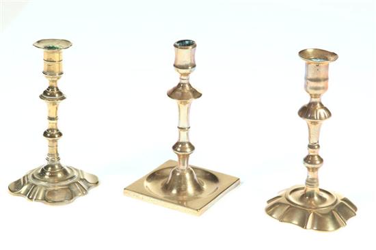 THREE BRASS CANDLESTICKS.  England