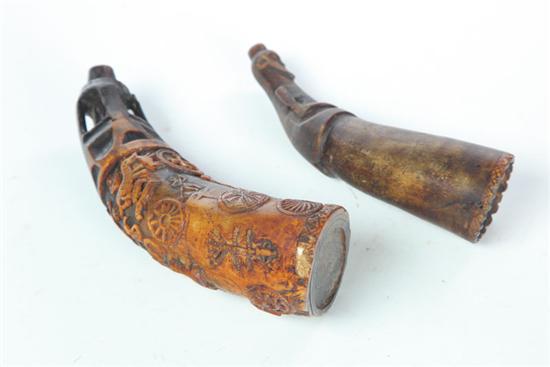 TWO POWDER HORNS.  Mexican or Indonesian