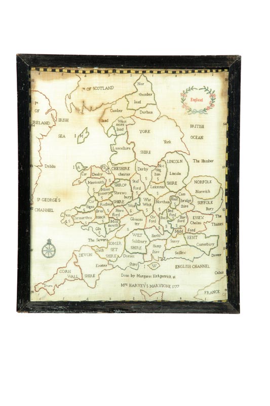 ENGLISH NEEDLEWORK MAP SAMPLER.  Margaret