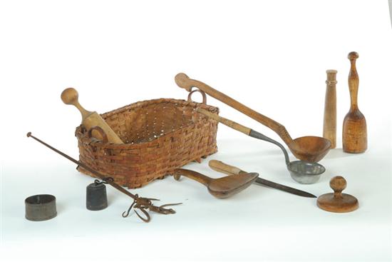 GROUP OF KITCHEN TOOLS AND A BASKET  1216ff