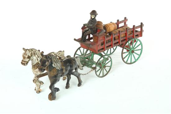 CAST IRON TOY BARREL WAGON.  American