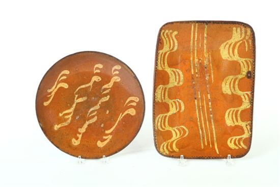 REDWARE LOAF PAN AND PIE PLATE.  American