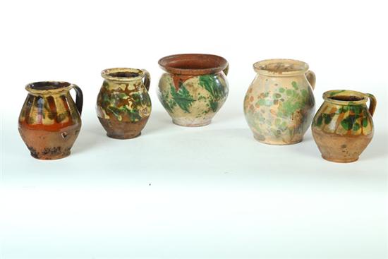 FIVE REDWARE POTS.  France  mid