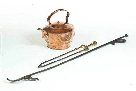 TWO FIREPLACE TOOLS AND A KETTLE.