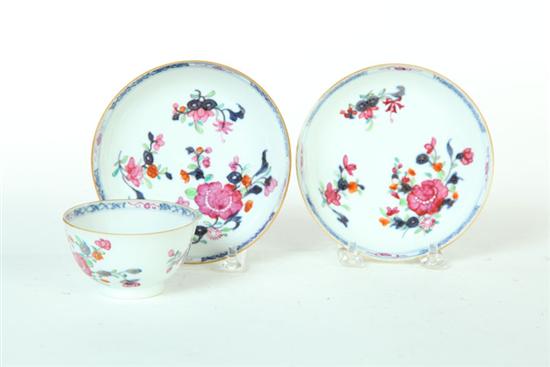 HANDLELESS CUP AND TWO SAUCERS.  China