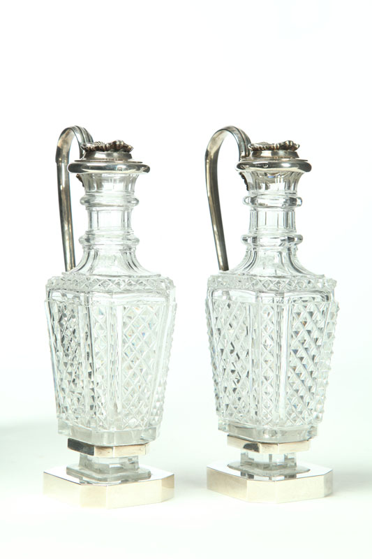 PAIR OF CUT GLASS AND ENGLISH SILVER