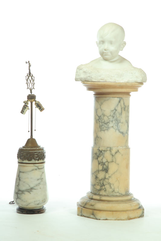 MARBLE PEDESTAL  LAMP AND SCULPTURE.