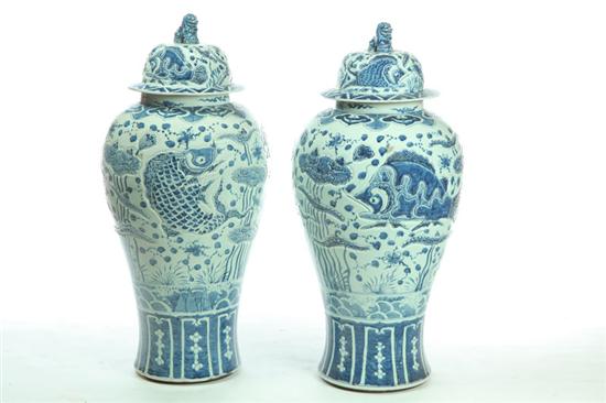 PAIR OF LARGE COVERED URNS.  China