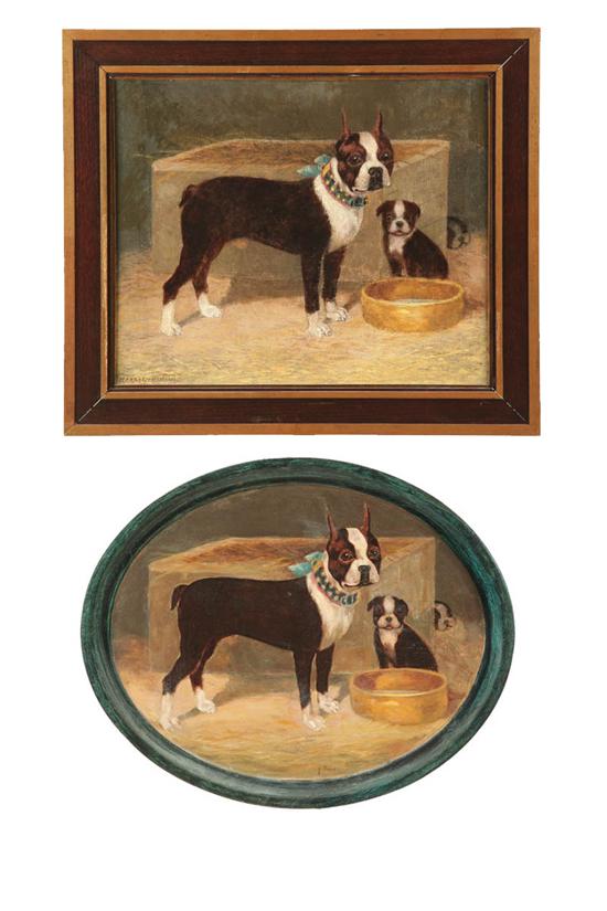 BOSTON TERRIER PAINTING AND TRAY.  Oil