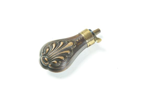 SMALL POWDER FLASK.  Shell pattern brass