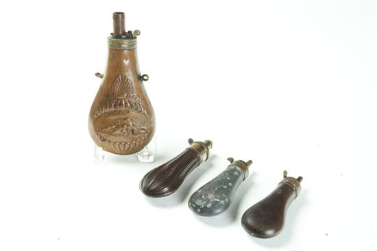 FOUR POWDER FLASKS.  American  19th