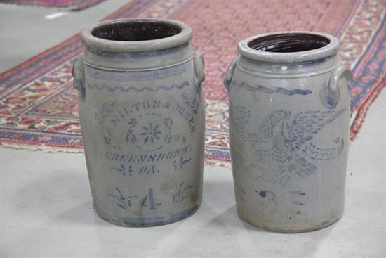 TWO STONEWARE CROCKS. Four gallon crock