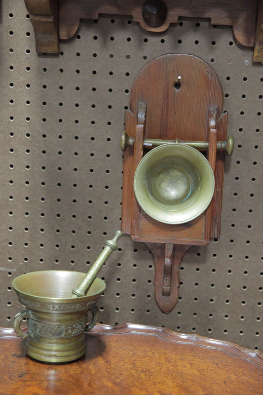 TWO MORTARS AND PESTLES. Both brass