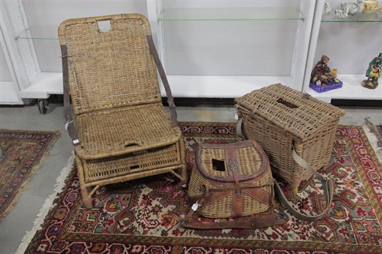 A WOVEN FOLDING CHAIR AND TWO FISHING 121e5b