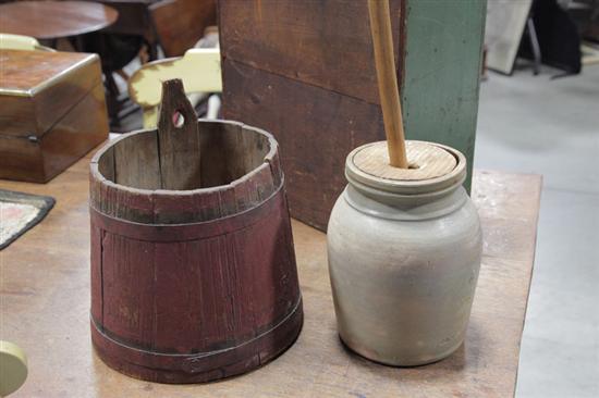 WATER BUCKET AND A SMALL STONEWARE CHURN.