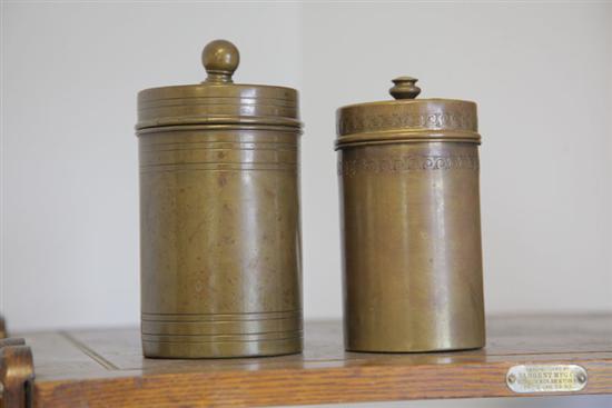 TWO BRADLEY AND HUBBARD COVERED CANISTERS.