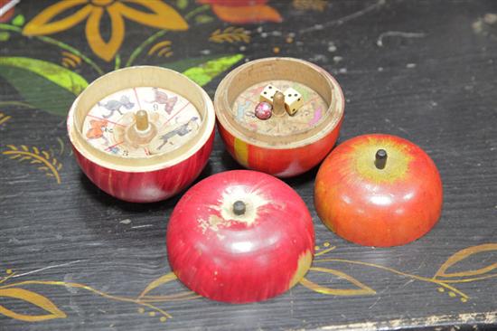 TWO TURNED AND PAINTED WOOD APPLE 121f84