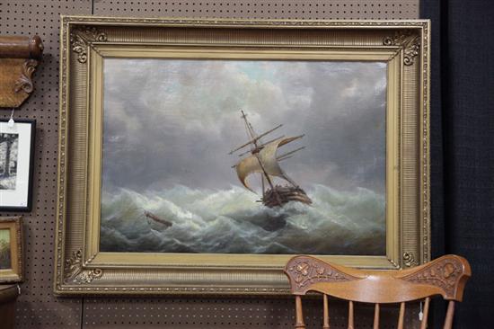 OIL ON CANVAS PAINTING OF A SHIP.