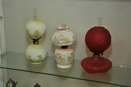THREE MINIATURE LAMPS. A red  satin
